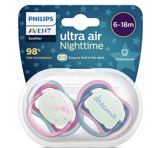 Chupete Silicona Philips Avent Ultra Air Nocturno 6-18 Meses 2 Unidades Niña