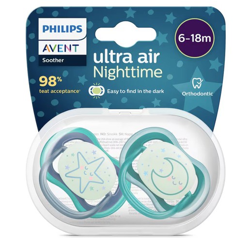 Chupete Silicona Philips Avent Ultra Air Nocturno 6-18 Meses 2 Unidades Niño